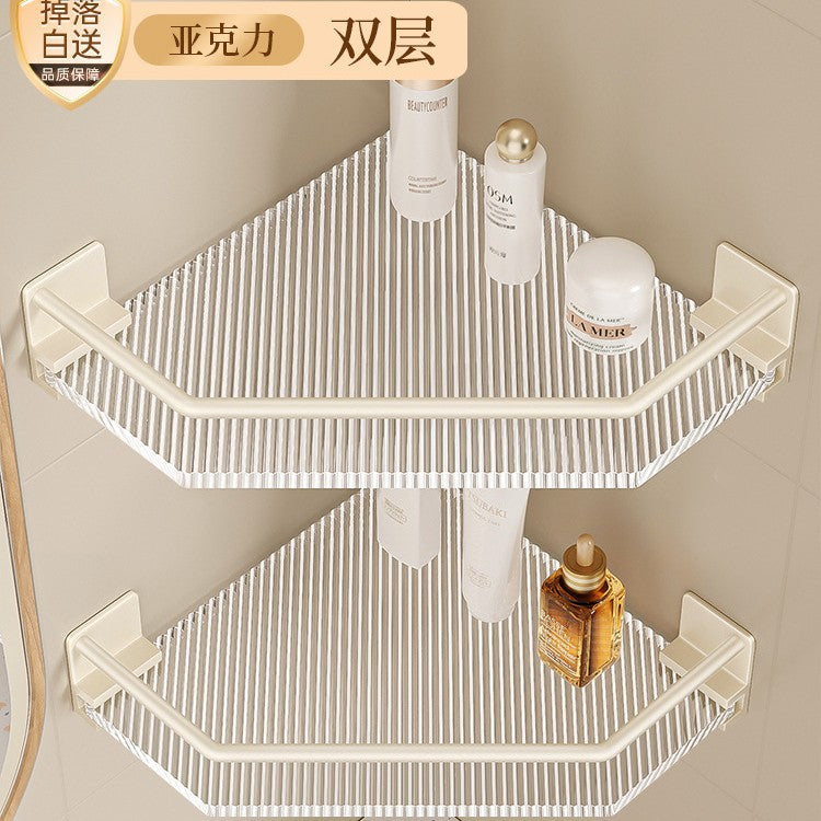 Bathroom shelf, toilet corner organizer, no-drill washroom storage, acrylic off-white tripod shelf