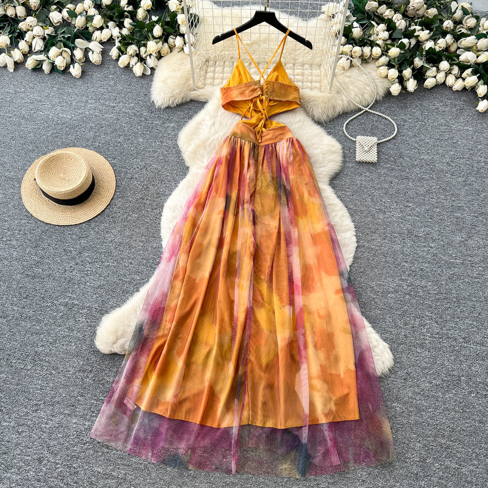 Vacation style smudged halter suspender dress women's summerv neck exposed waist careful mesh fairy elegant long skirt