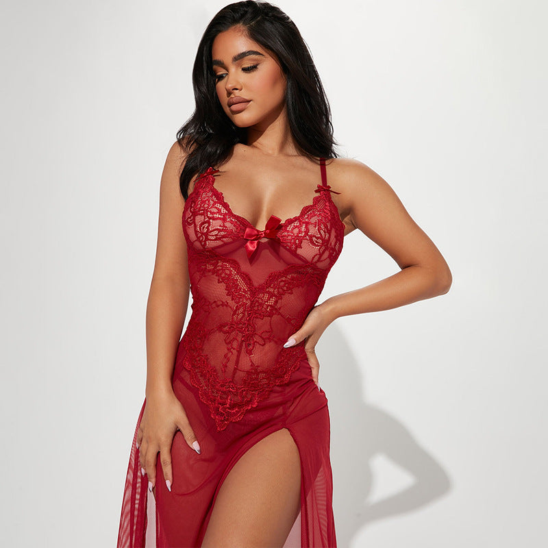 Dcheux european and american cross-border hot-selling wholesale sexy nightgown lace hollow see-through large size long skirt