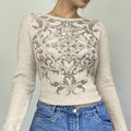 autumn new european and american fashion women's printed waffle knit crew neck pullover casual base layer top