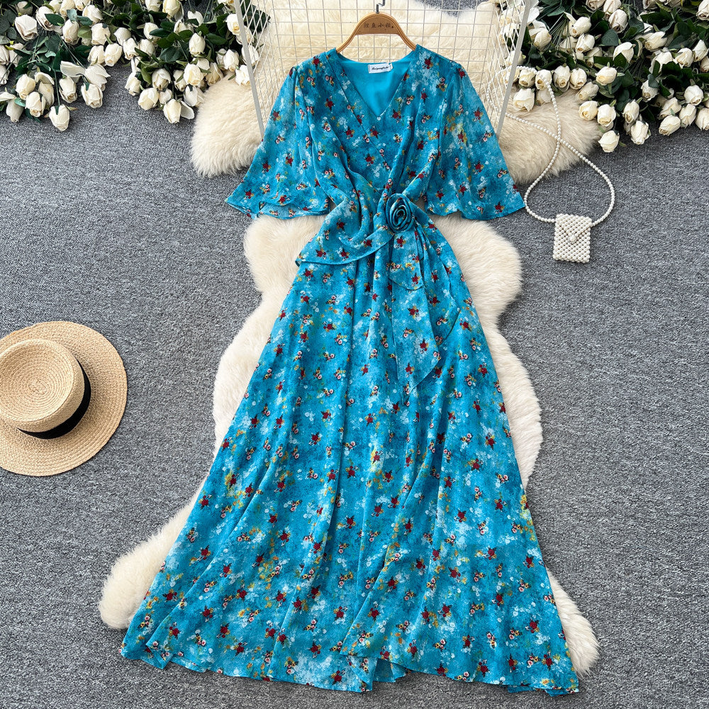 French country style blue floral short-sleeve dress - women's summer v-neck korean style fitted waist elegant maxi dress