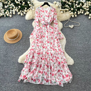 French chic floral dress - women's long sleeve a-line maxi dress with cinched waist - elegant and graceful - autumn  collection