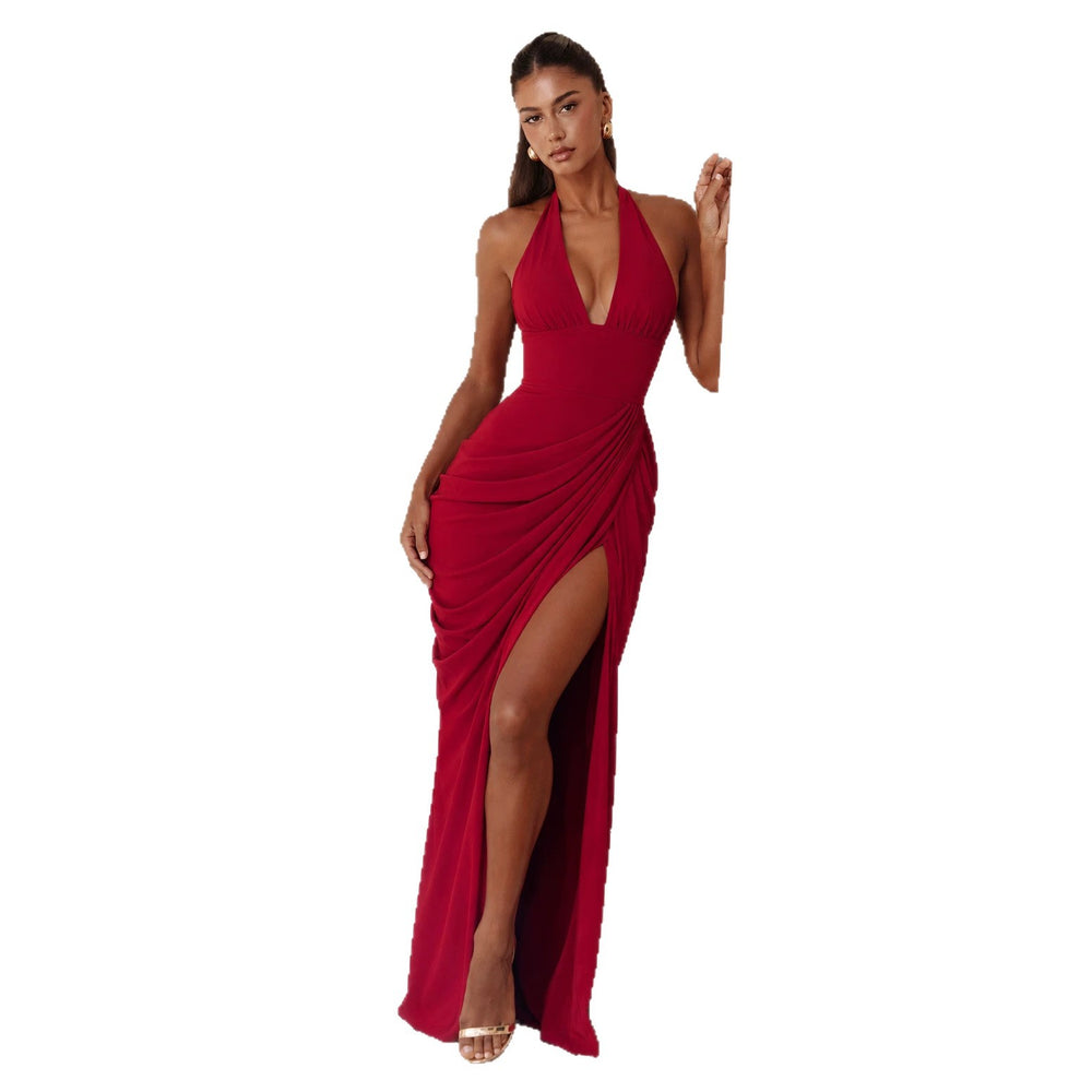 Amazon  new arrival: halter neck v-neck sexy bodycon dress - vertical pleated tie-up backless slit dress for women