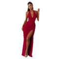 Amazon  new arrival: halter neck v-neck sexy bodycon dress - vertical pleated tie-up backless slit dress for women