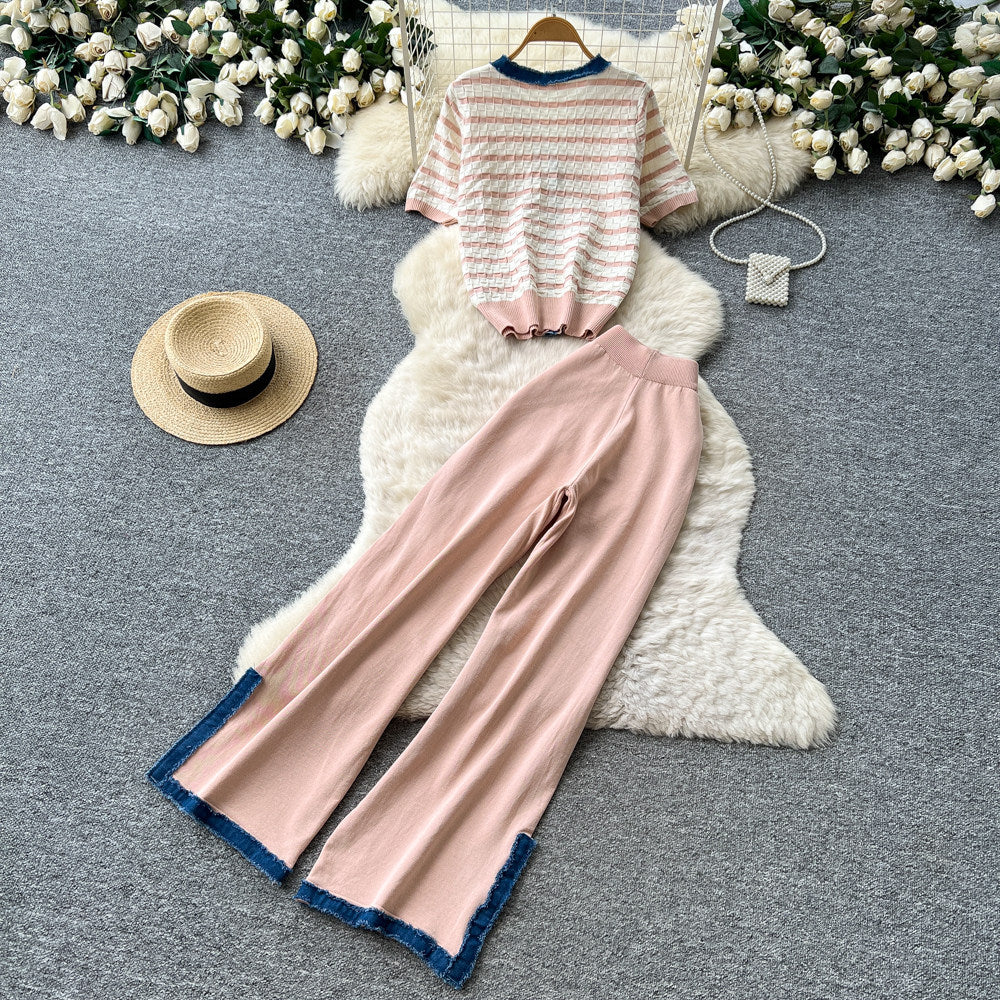 Light mature style stripesknittingcardiganloose pantstwo-piece setfemalesummer silmslimming lookfashionelegantsuit
