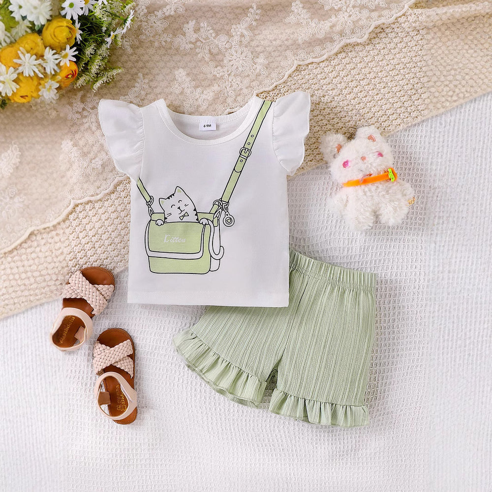 Children's clothing  fashion children's clothing kitten pattern white t-shirt + green shorts for women