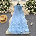 Gentle wind neckline bows strap halter sleeveless dress female french stereo butterfly mesh fairy dress