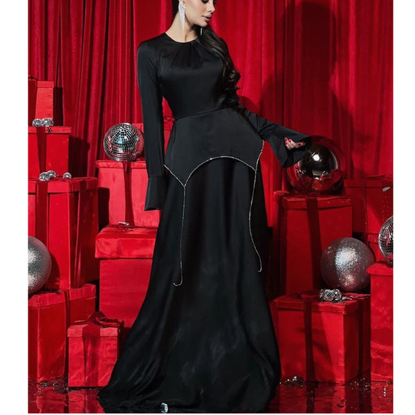 European and American  women's skirts 2024 new fashionable solid color long-sleeved high-end temperament diamond-encrusted chain dress