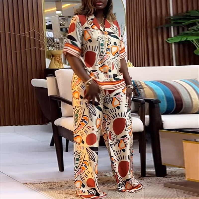 European and american cross-border women's fashion:  autumn new arrival - elegant printed loose-fit short-sleeve shirt and wide-leg pants casual set
