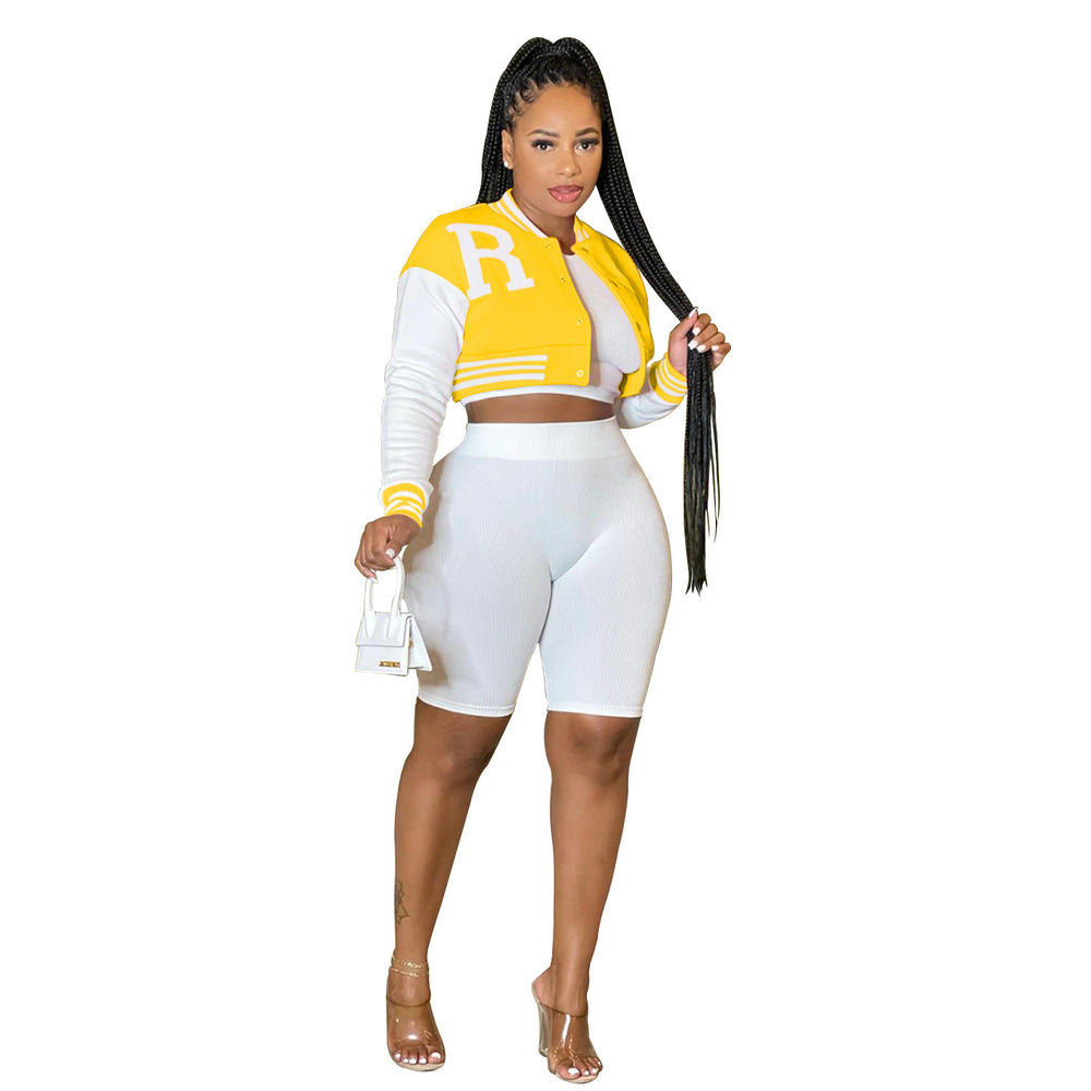 X6001 cross-border   fashion women's long-sleeved cropped jacket with lined shorts three-piece set