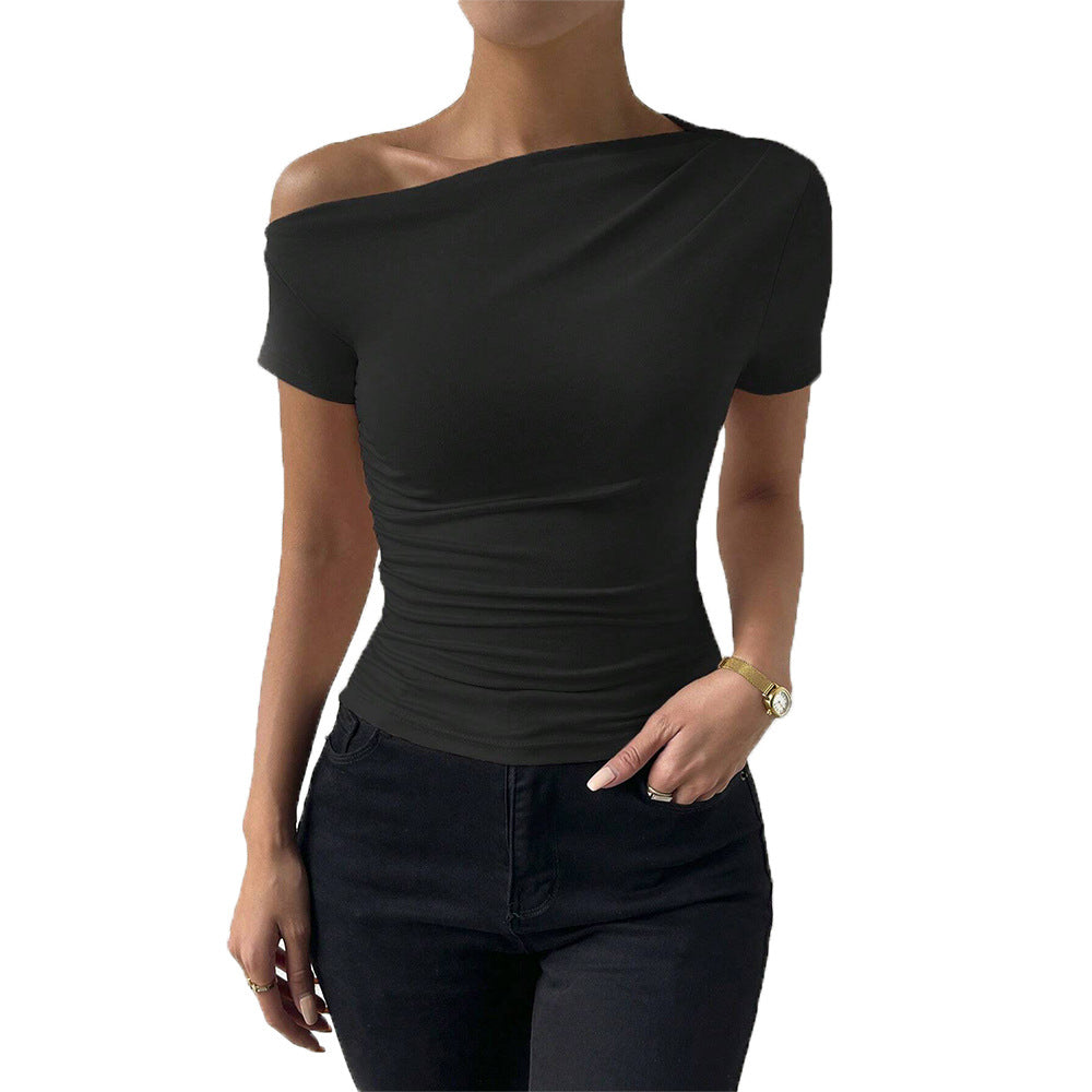 European and American  women's clothing sexy wind diagonal collar design short-sleeved T-shirt summer new slim-fit solid color pullover