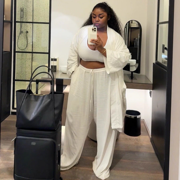 European and American large size new cardigan long shirt top women's African women's casual trousers solid color fashion two-piece set