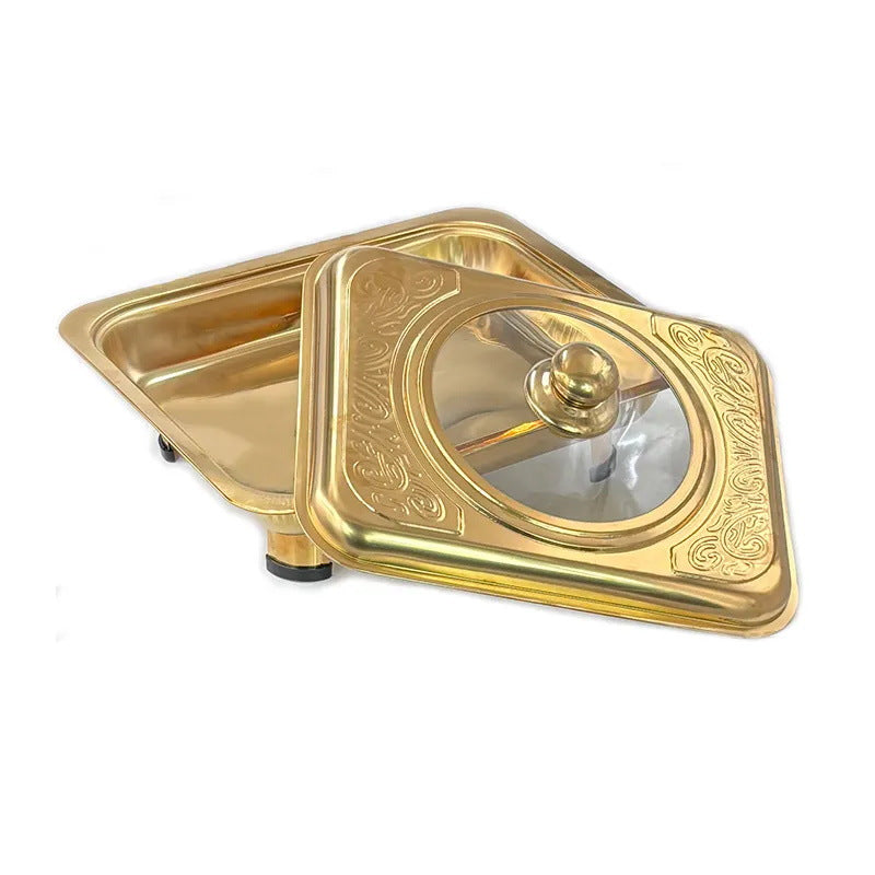 Stainless steel gold four-plate warming tray with printed combination lid - buffet warming cabinet for home, hotel, and restaurant use - wholesale from manufacturer