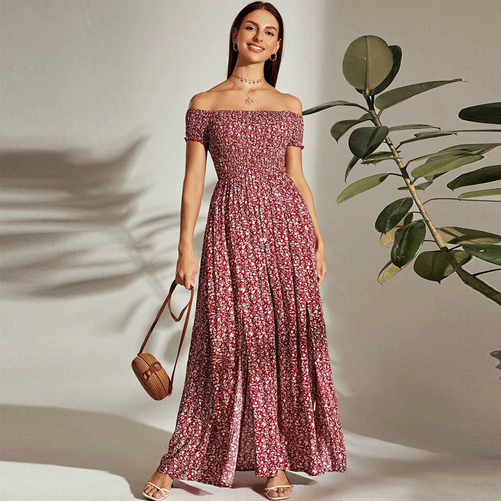 Elegant wind one-word neck dress elastic waist pullover floral long swinging tube top skirt women's fashion temperament