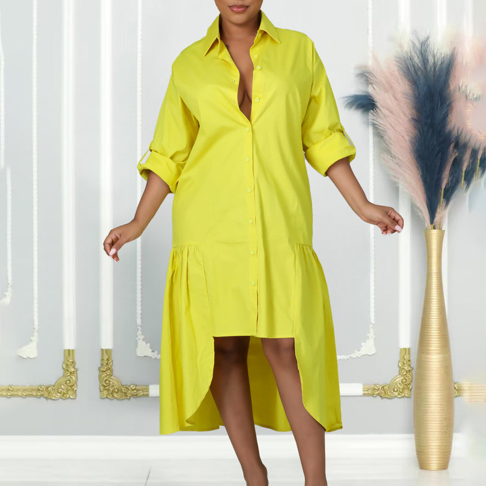 C8581  summer new fashion loose long sleeve asymmetrical midi dress solid color plus size foreign trade dress