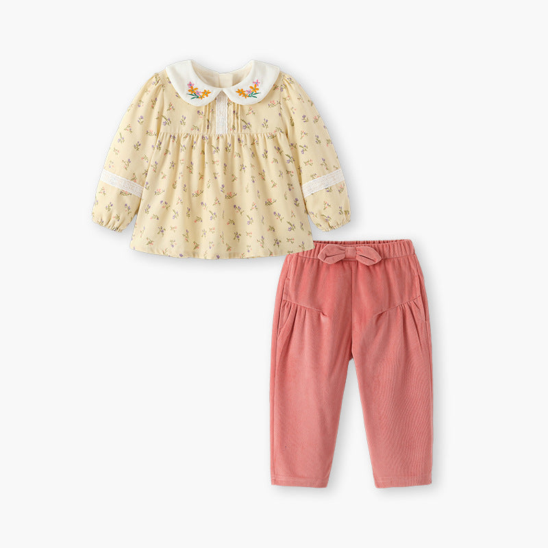 Girls' autumn  korean style floral embroidered children's clothing: pants with bow and fleece lining