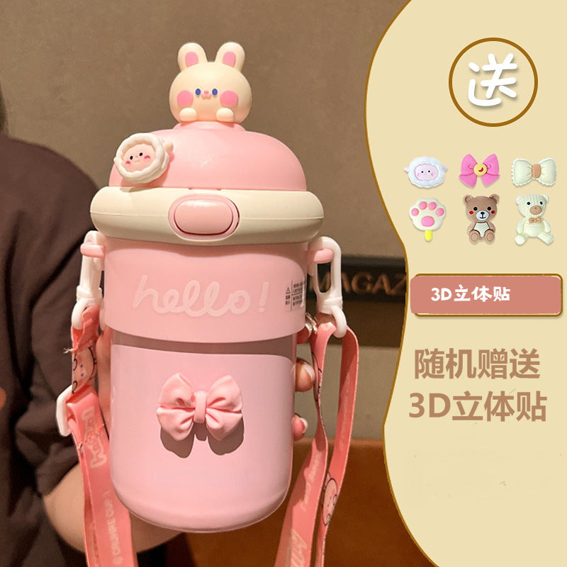Cartoon bouncing glass cup - large capacity, portable, high-value design for women, cute strapped mug, promotional gift cup