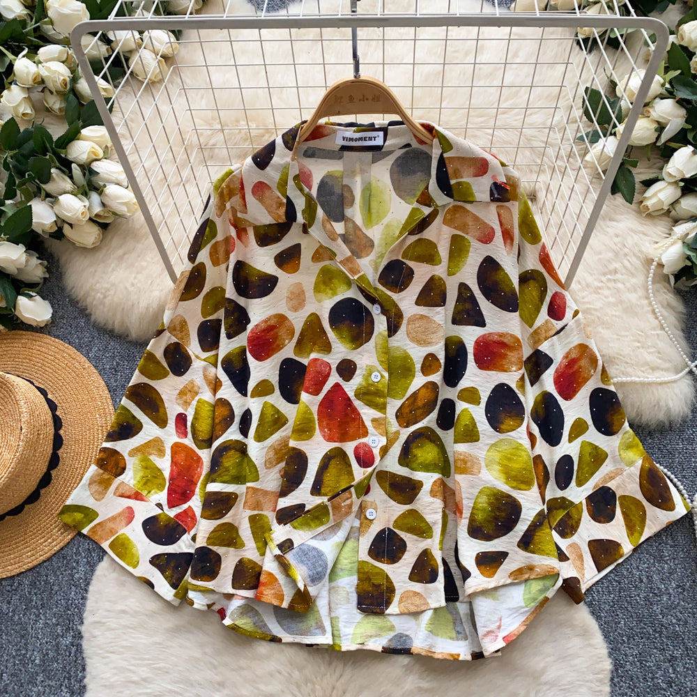 Korean style commute chic colorful geometric print long sleeve shirt - women's summer breathable, skin-friendly, loose fit cardigan top