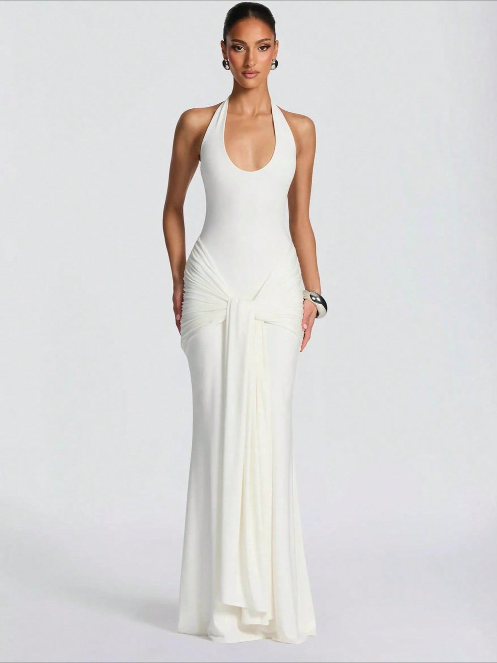 2026 cross-border women's fashion: new european and american style flowy ribbon spliced camisole maxi dress - slim fit bodycon halter neck evening gown