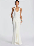 2026 cross-border women's fashion: new european and american style flowy ribbon spliced camisole maxi dress - slim fit bodycon halter neck evening gown