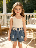 hot-selling girls' designer one-shoulder cami top + bowknot cropped shorts two-piece set