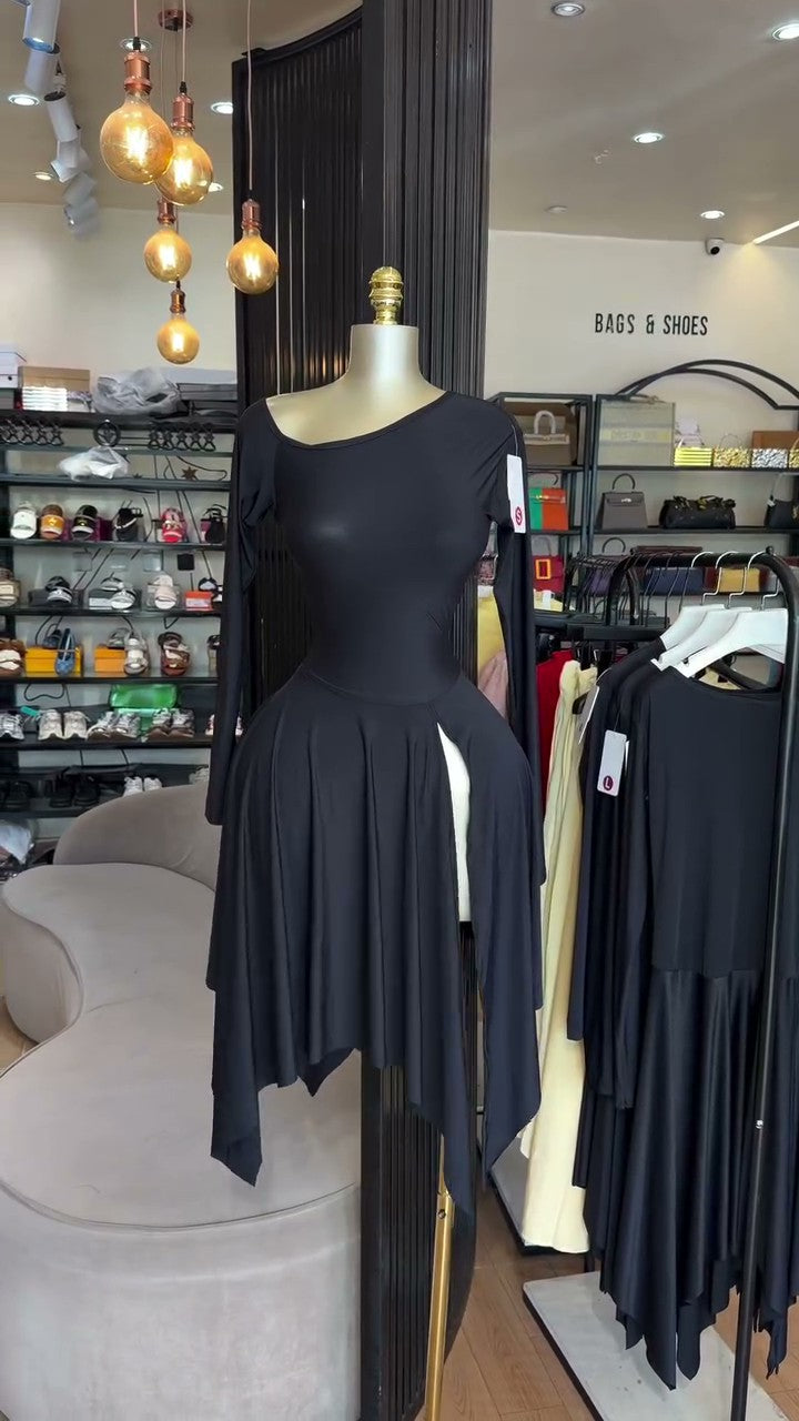 European and american cross-border women's fashion:  summer new arrivals - sexy and elegant asymmetrical neckline, slim-fit long sleeve dress with irregular slit