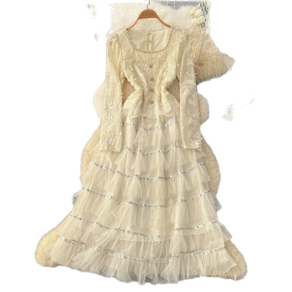 Korean style square neck beaded lace patchwork mesh dress women's long sleeve high waist embroidered a-line dress commuter fairy dress