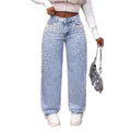 European and american style women's heavy-duty beaded and pearl embellished washed and distressed high-waisted wide-leg straight-leg floor-length jeans