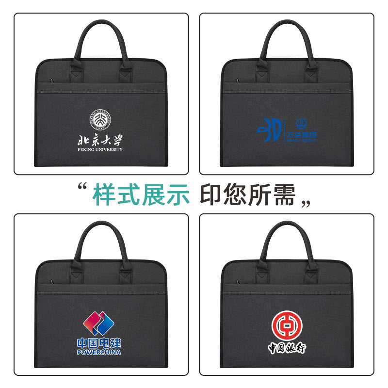 Double-layer zipper satchel document bag office business meeting briefcase large-capacity document bag information bag printed logo