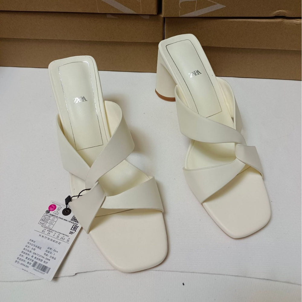 Spanish za brand 2024 summer new square toe outerwear cow leather versatile comfortable chunky heel high heel sandals and slippers for women