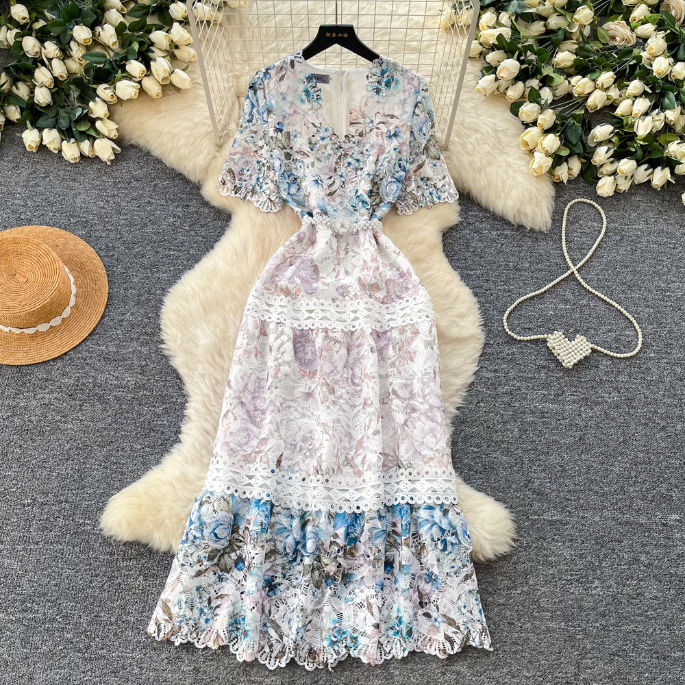 French retro v-neck lace cutout embroidered printed dress - women's cinched waist maxi dress - elegant and chic