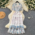 French retro v-neck lace cutout embroidered printed dress - women's cinched waist maxi dress - elegant and chic