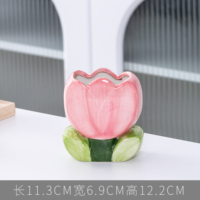 Tulip flower makeup brush holder office pen holder - trendy ins style bedroom decor desktop organizer