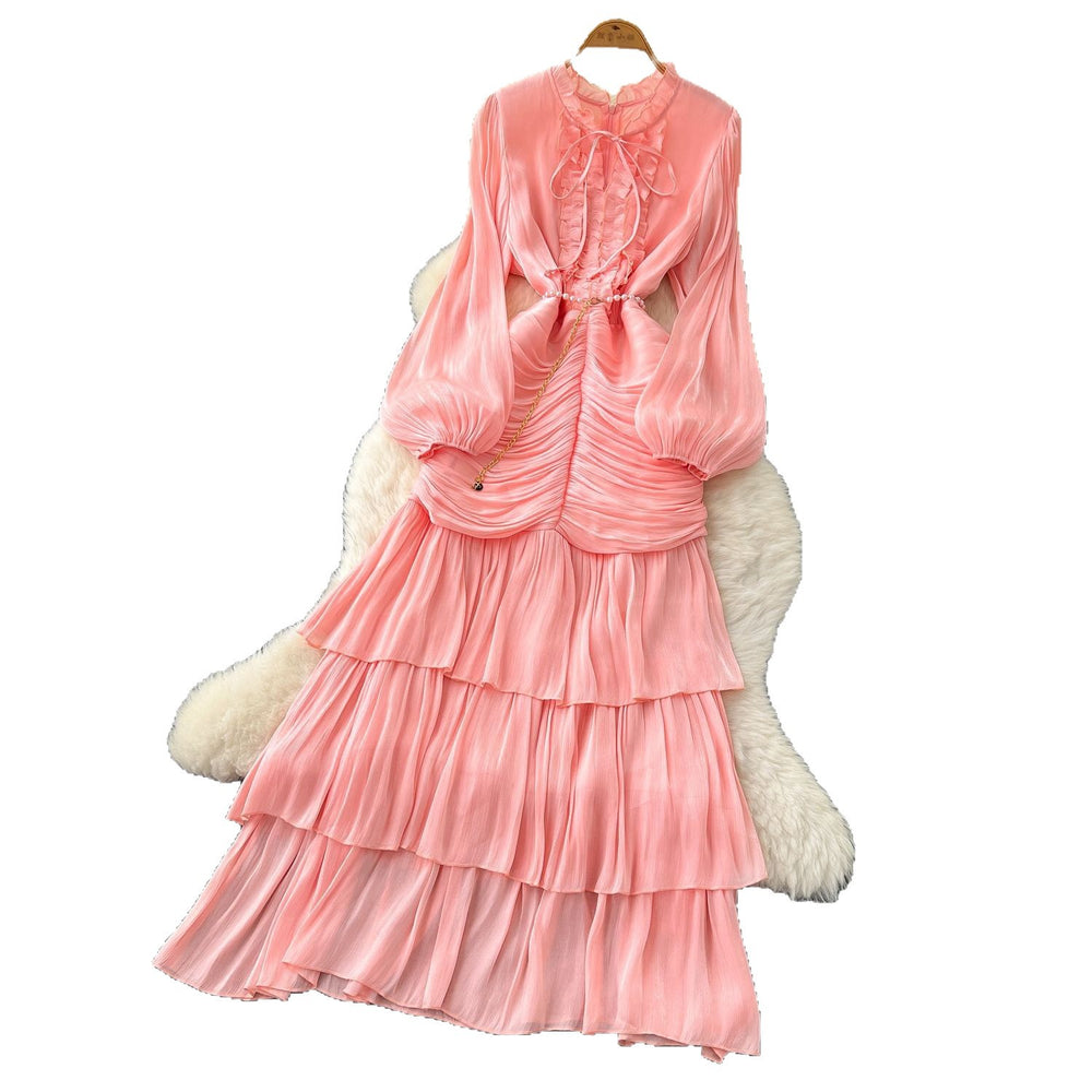 French dress women's  new arrival high-end lace patchwork cinched waist lantern sleeve ruffle hem long evening gown