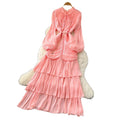 French dress women's  new arrival high-end lace patchwork cinched waist lantern sleeve ruffle hem long evening gown