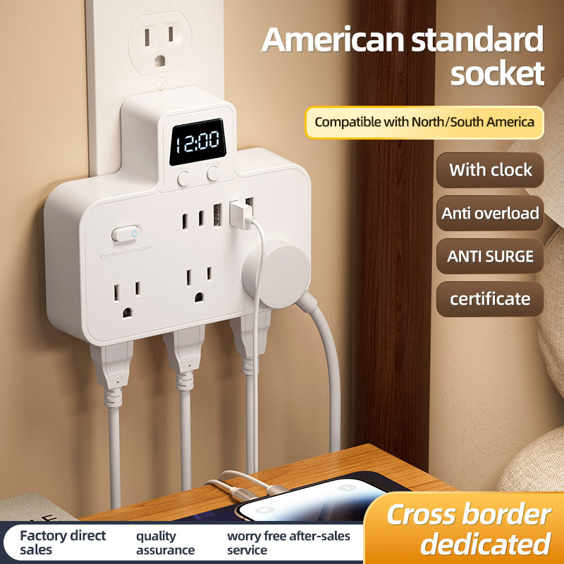 Us standard power strip, american plug adapter, us/canada converter, overload protection, ul/fcc certified, with clock