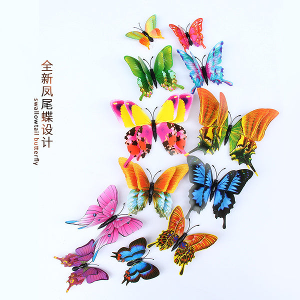 Phoenix-tailed butterfly double-layer set of 12, magnetic simulation butterfly PVC waterproof wall sticker, living room butterfly sticker can be removed