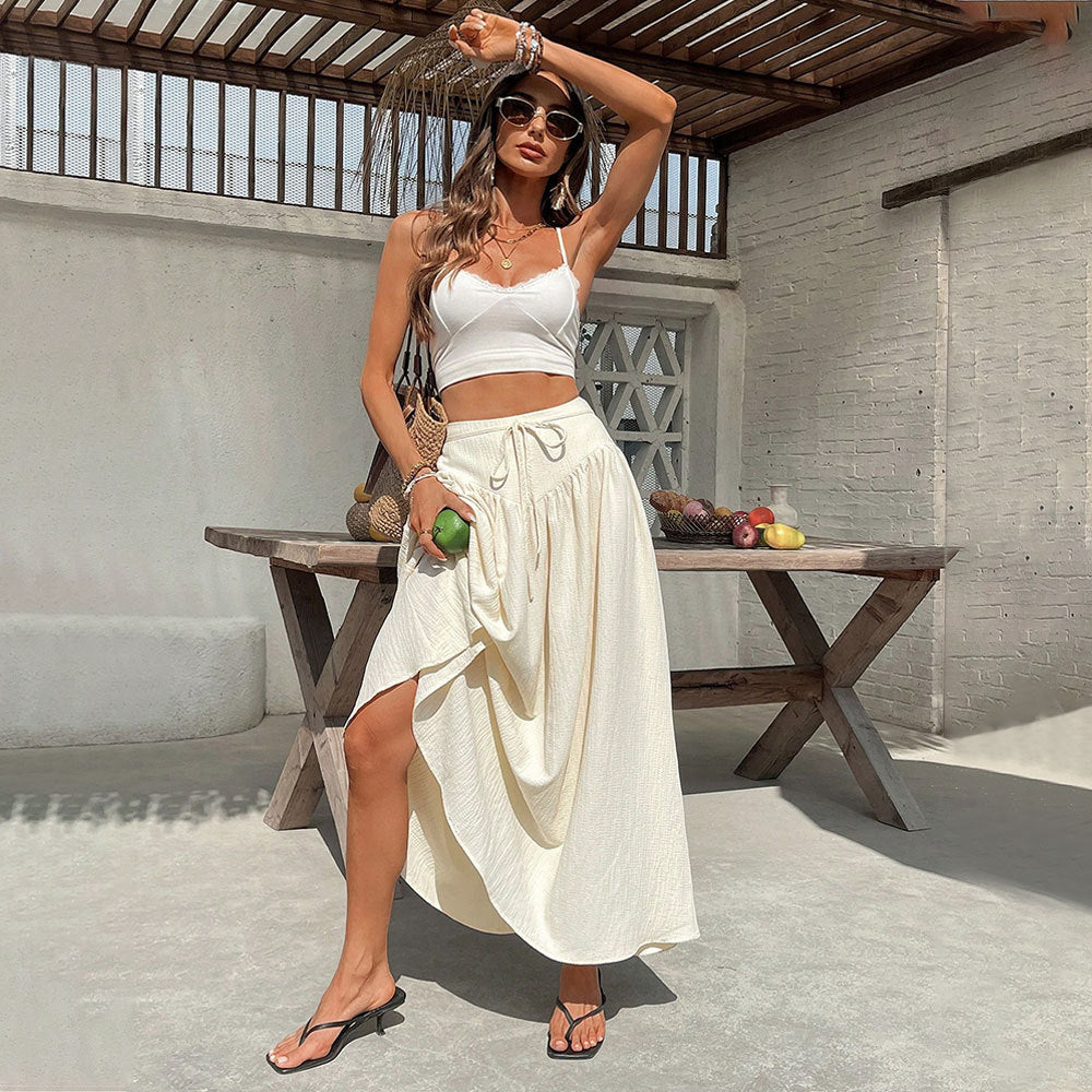 fashionexport summer vacation casual skirt high waist large swing slimming lookeasiest for match beach long skirt