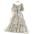 K-style floral dress for women, summer v neck, short-sleeved waist, a-line long skirt, holiday style elegant skirt