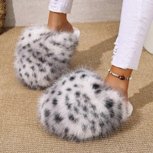 new arrival leopard print long hair toe-warm cotton slippers women's export fluffy large size fur slippers in stock