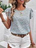 european and american women's clothing  summer round neck chiffon blouse - women's fashion trendy floral short sleeve top