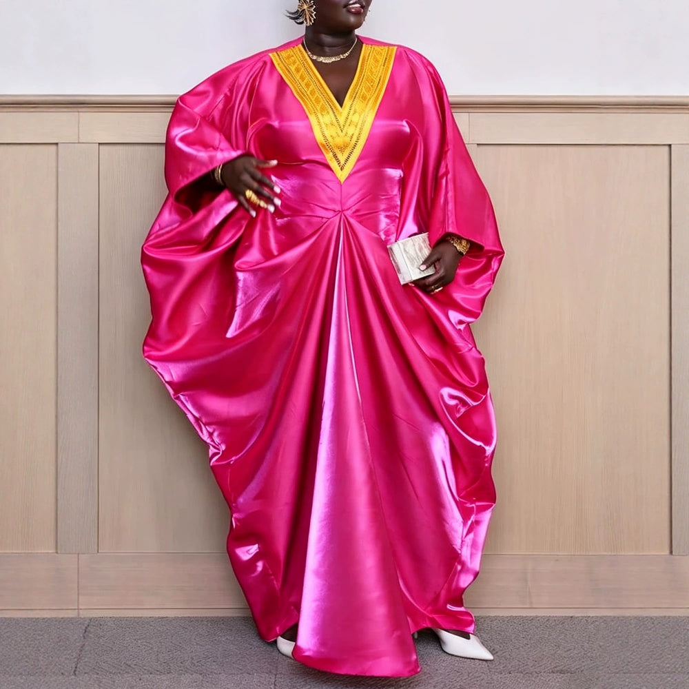 African plus size new loose v-neck batwing long sleeve dress, ruched waist, flared hem color block maxi dress