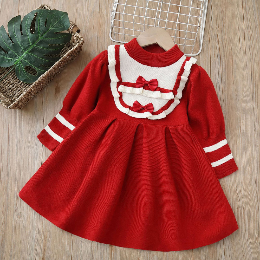 fall/winter new girls' knit dress - children's sweater dress with bow detail, sweet princess style