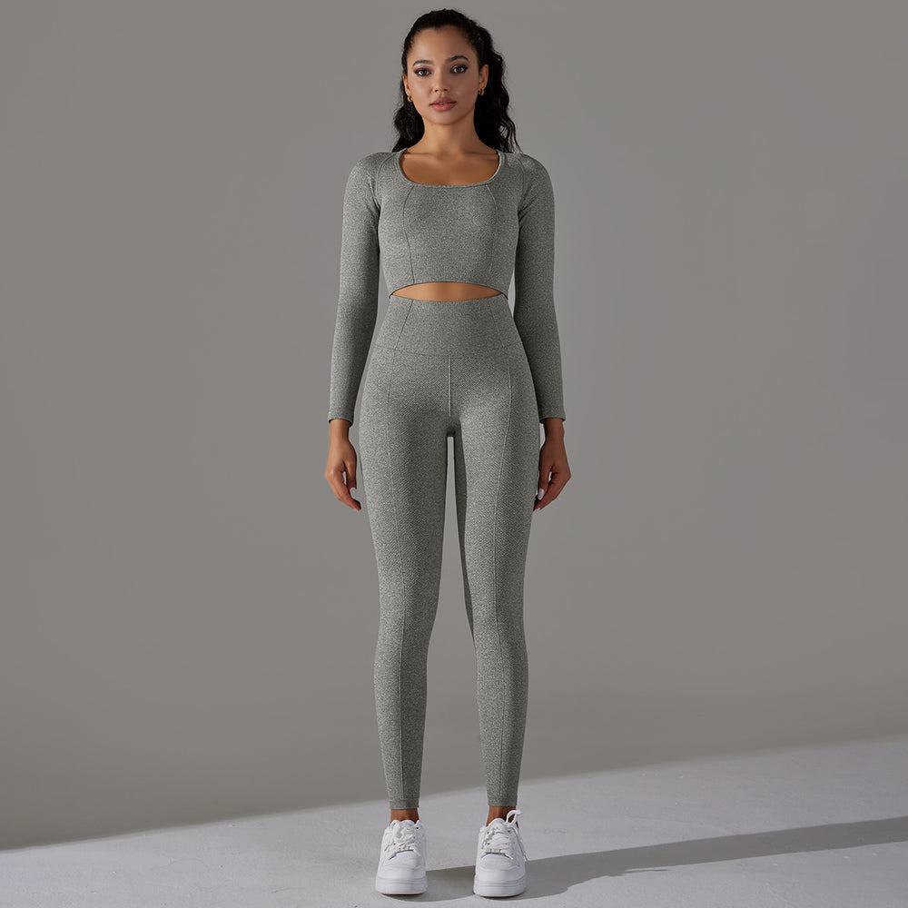 European and american cross-border seamless multi-organic jacquard yoga set - long sleeve top & high-waisted butt-lifting leggings - activewear
