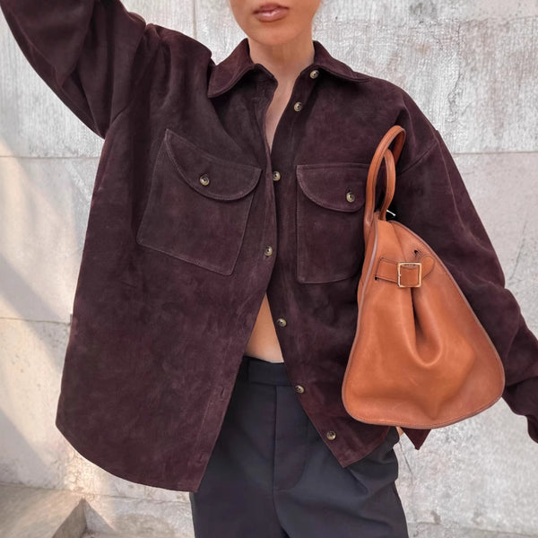 Vintage Maillard Brown Suede Lapel Jacket 2025 Spring Cross-Border Fashion Loose Tooling Jacket Women's Clothing
