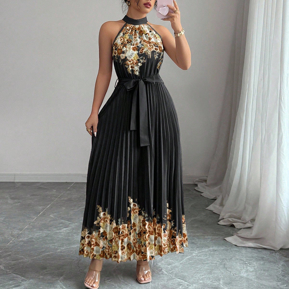 European and american cross-border women's summer  elegant halter neck tie waist floral print pleated maxi swing dress