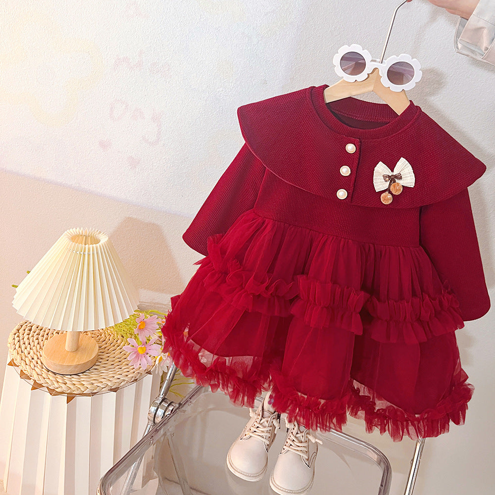 Trendy girls' dress - new spring/autumn collection - kids' baby girl shawl collar tulle princess dress - stylish & chic
