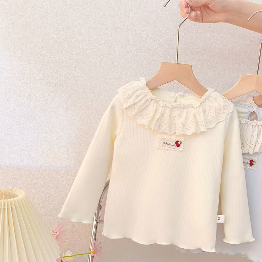 【dropshipping】girls' fleece-lined base layer top -  autumn/winter kids' one-piece fleece top with lace collar - baby top