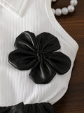 cross-border girls' fashion set: european & american style floral solid color top + a-line pu leather skirt with bow detail