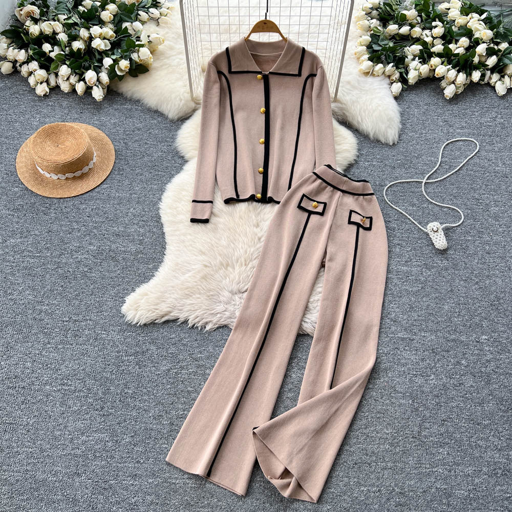 High-end fashionablecontrast color metal buckle polo collar long sleevesknittingtops women's high waist wide leg straight-leg pants two-piece set